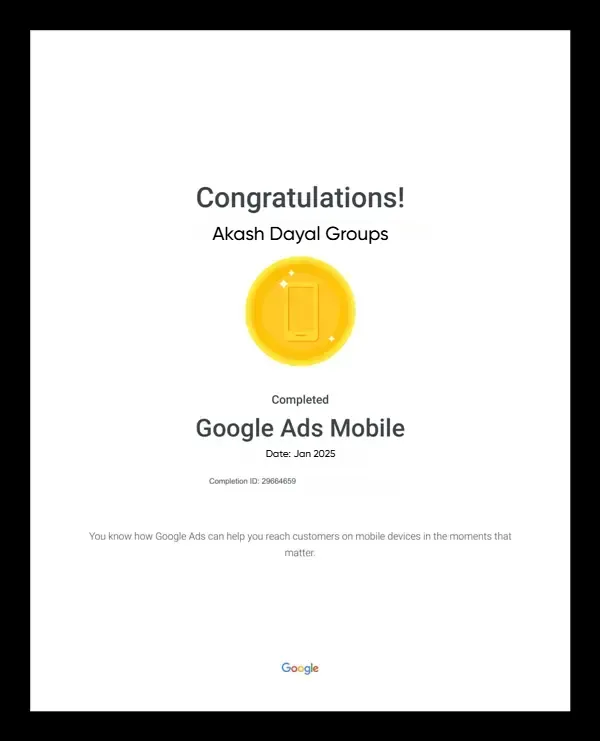 Google Ads Mobile Certification of Digital Marketing King